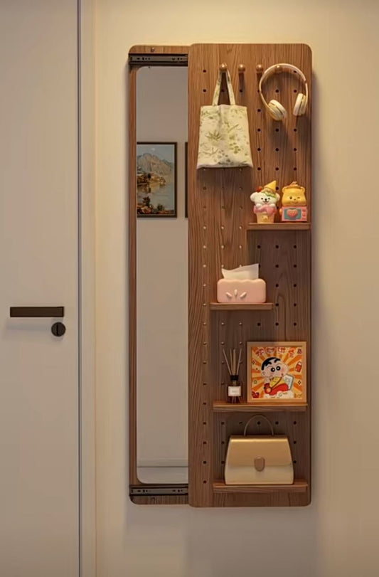 Miroir mural pleine longueur en bois avec étagères et crochets – Organisateur d'entrée 40x100 cm